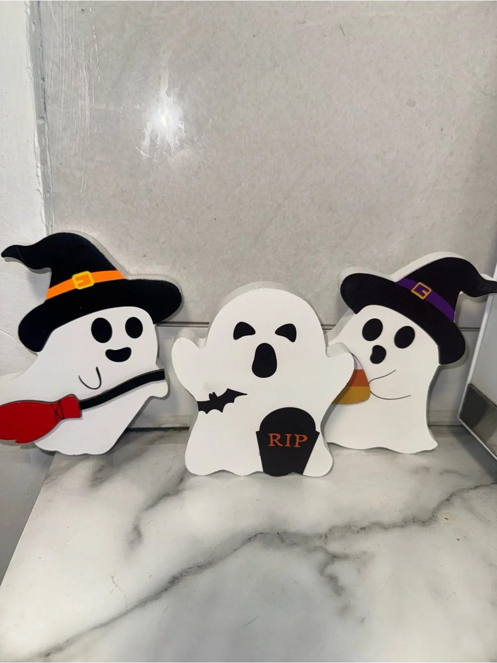 Target Halloween Ghost Wood figures in White, Black, Orange, Purple, Red